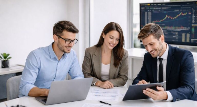 Foto com 2 homens e uma mulher em um escritório moderno com uma imagem de gráfico na tela do computador atrás representando carreiras mais rentáveis