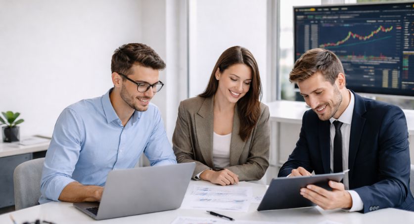 Foto com 2 homens e uma mulher em um escritório moderno com uma imagem de gráfico na tela do computador atrás representando carreiras mais rentáveis