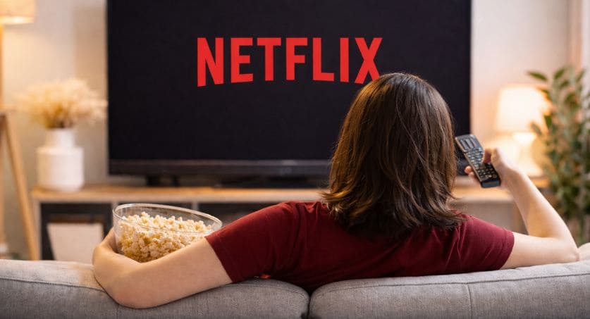 Mulher jovem sentada no sofá com controle de tv e pipoca na mão com tela de TV na frente para assistir lançamentos netflix 2026