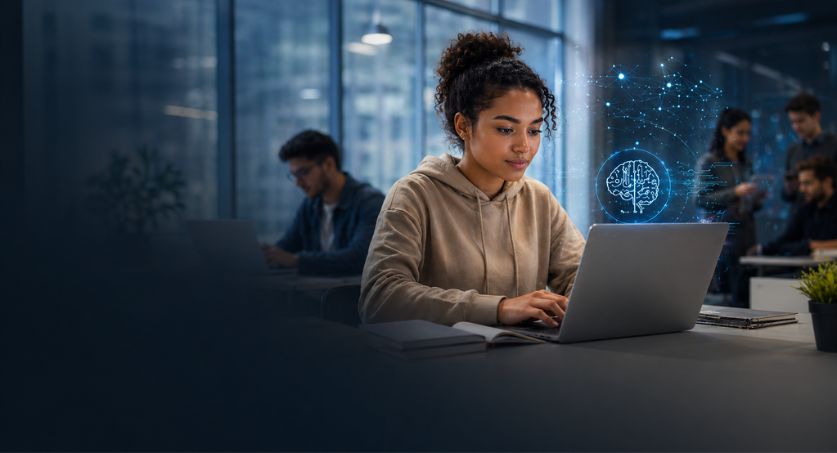 Estudante em ambiente moderno usando laptop com elementos digitais de IA, representando educação, carreira tech e inovação.