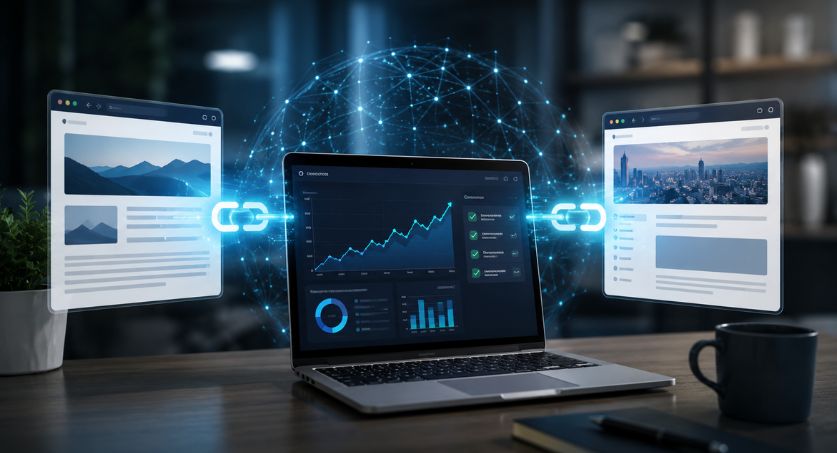 Notebook com gráficos de SEO e páginas conectadas por links digitais, representando troca de backlinks de qualidade e aumento de autoridade online.