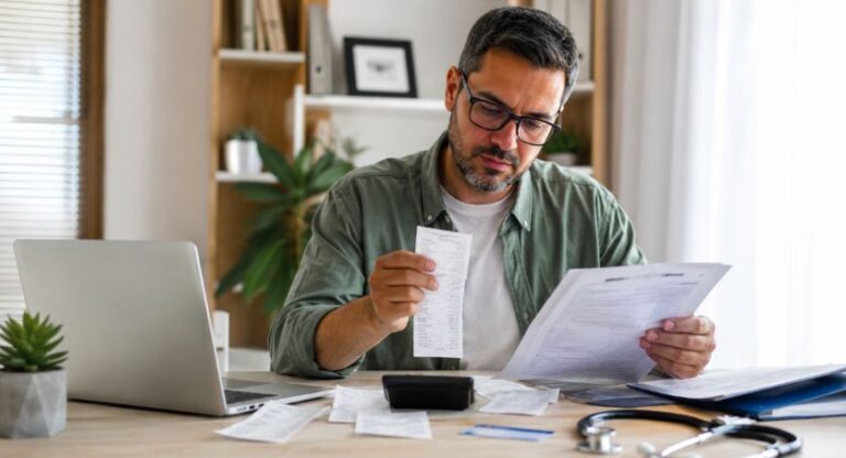 Homem analisando recibos médicos e documentos do imposto de renda 2026 em uma mesa de escritório, com notebook, calculadora e estetoscópio ao lado.