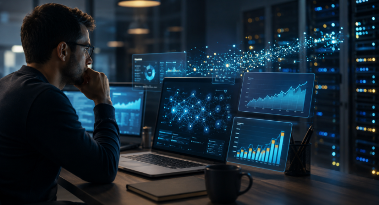 Profissional analisa gráficos sobre custos de tokens de inteligência artificial em ambiente com servidores e painéis digitais.