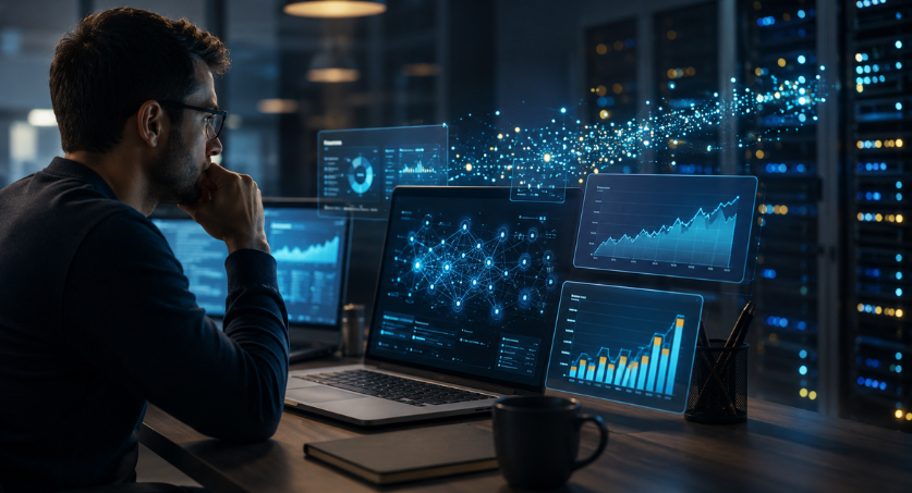 Profissional analisa gráficos sobre custos de tokens de inteligência artificial em ambiente com servidores e painéis digitais.