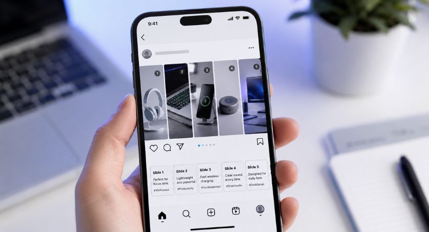 Smartphone exibindo a nova funcionalidade do Instagram com legendas individuais para cada imagem de um carrossel.