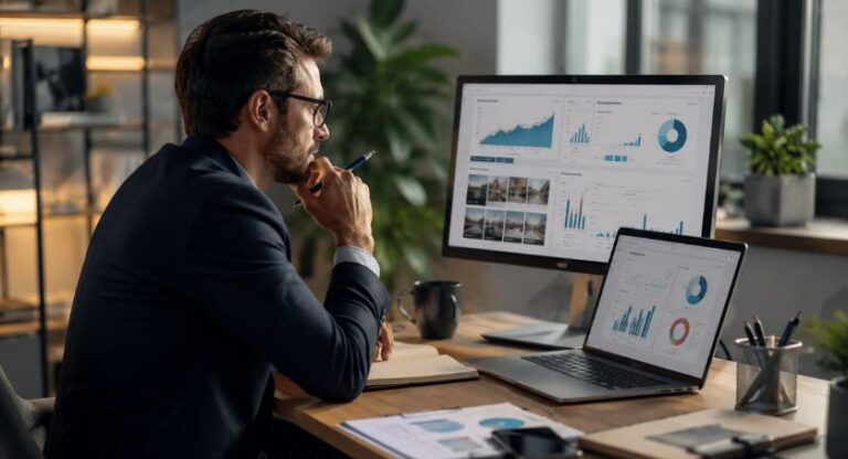 Claude Fable 5 em ambiente de trabalho moderno, com telas exibindo análises de SEO, tráfego e desempenho digital.