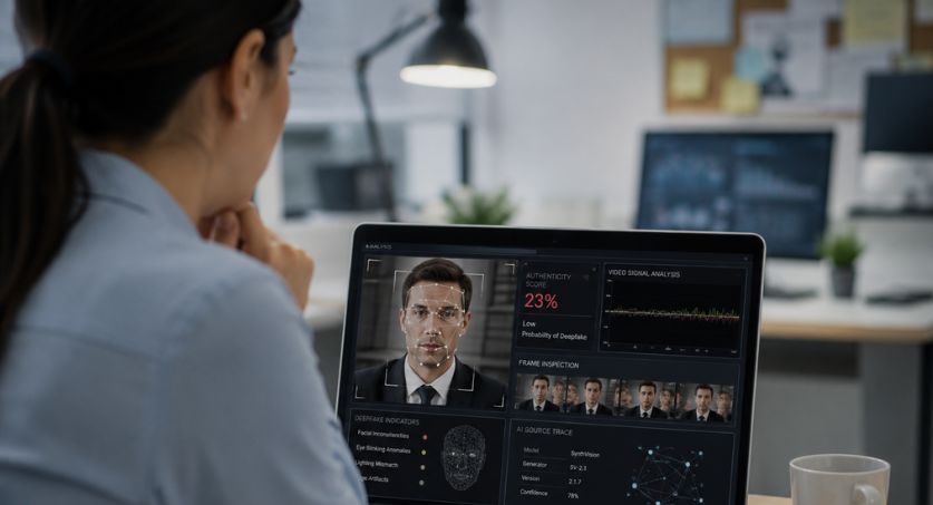 Profissional analisa em um notebook sinais de deepfakes e a possível origem do vídeo gerado por inteligência artificial.