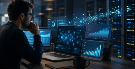 Profissional analisa gráficos sobre custos de tokens de inteligência artificial em ambiente com servidores e painéis digitais.