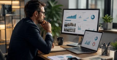 Claude Fable 5 em ambiente de trabalho moderno, com telas exibindo análises de SEO, tráfego e desempenho digital.