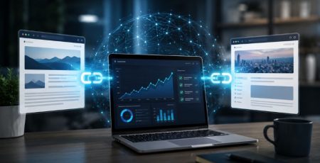 Notebook com gráficos de SEO e páginas conectadas por links digitais, representando troca de backlinks de qualidade e aumento de autoridade online.