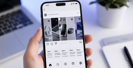 Smartphone exibindo a nova funcionalidade do Instagram com legendas individuais para cada imagem de um carrossel.