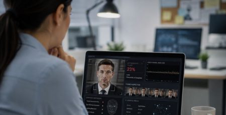 Profissional analisa em um notebook sinais de deepfakes e a possível origem do vídeo gerado por inteligência artificial.