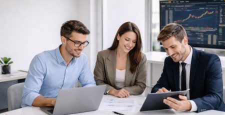 Foto com 2 homens e uma mulher em um escritório moderno com uma imagem de gráfico na tela do computador atrás representando carreiras mais rentáveis